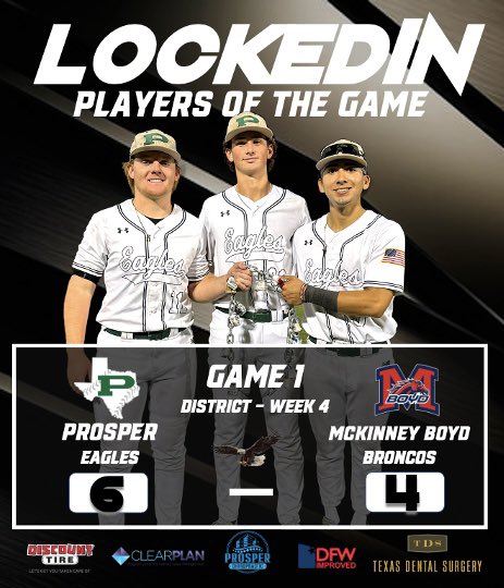 The LockedIn Players are Jackson Franks, Hunter Vincent, and Nick Nava. Jackson drove in 3 RBI with a 2-run single and a sac fly. Hunter gets the win pitching 4 innings with 7 SOs, and Nick went 2-for-3 with a pivotal RBI double as the Eagles defeated McKinney Boyd 6-4.