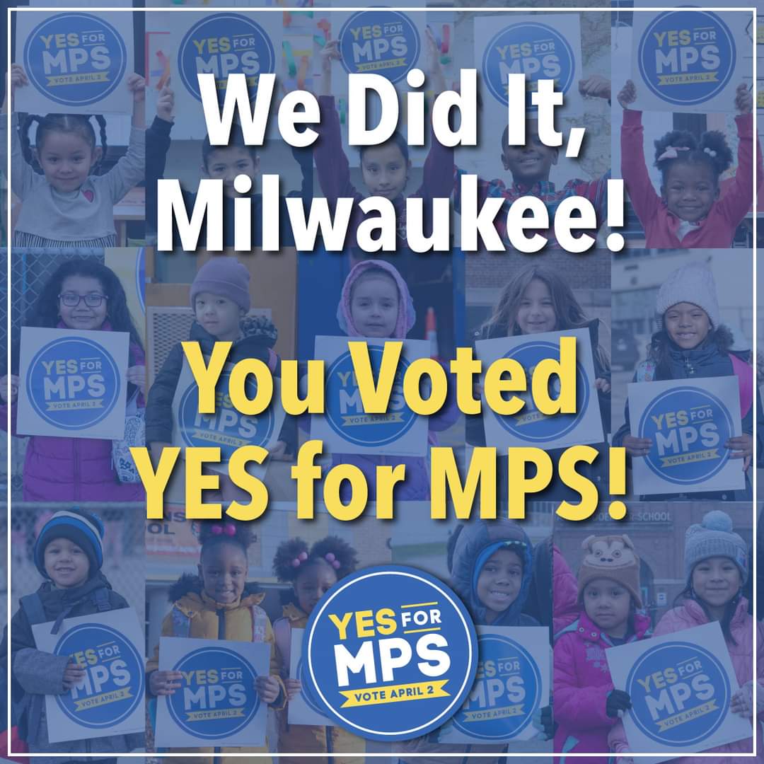 We did it, Milwaukee! The #VoteYesforMPS referendum passed with 51% support from voters! Thanks to the 262 volunteers who spent the last month & a half knocking on well over 10K doors & making countless texts/phone calls educating voters about the importance of passing it...