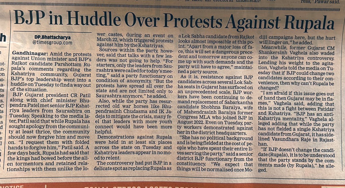 BJP in huddle over protests against Rajkot candidate Parshottam Rupala - The Economic Times m.economictimes.com/news/elections… via @economictimes
