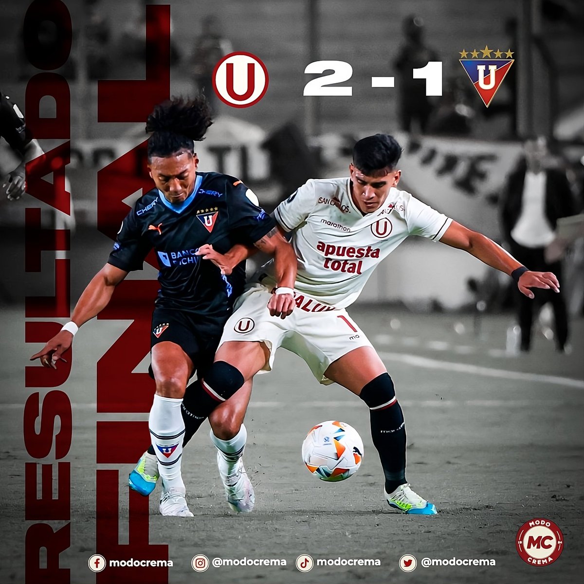 ¡𝗚𝗔𝗡𝗔𝗠𝗢𝗢𝗢𝗢𝗢𝗢𝗦𝗦! 👊🏻 Universitario de Deportes logró llevarse los tres puntos frente a LDU en la @Libertadores . 👟: José Rivera (2) #ModoCrema #VamosCremaa #YdaleU