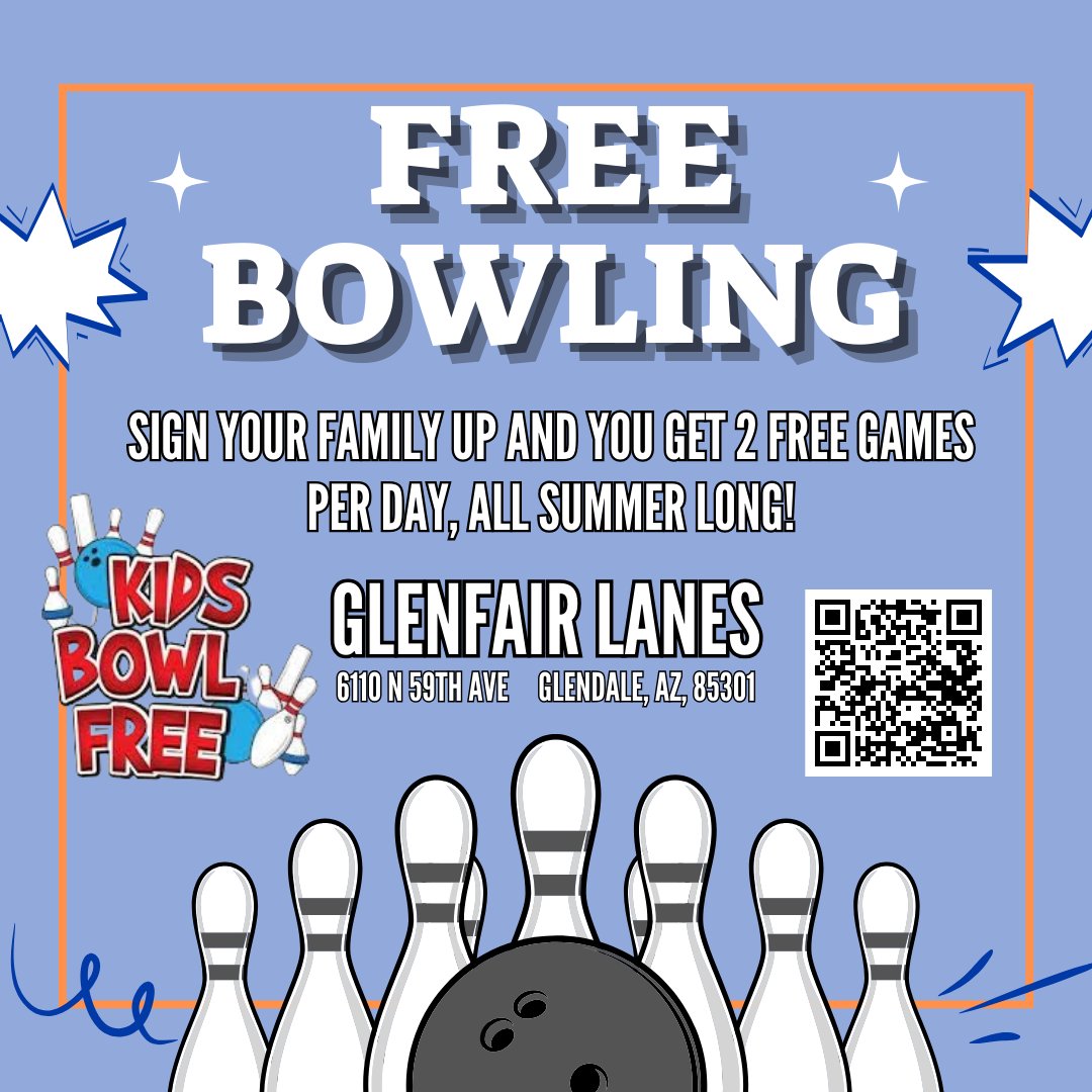 Want Free Bowling? 🎳🤩 Sign up for free bowling all summer long at Glenfair Lanes !👍🎳 Scan the QR Code or visit: kidsbowlfree.com/center.php?all… . . . . . #LegendSpringsElementary #School #PublicSchool #k6school #DeerValleyUnifiedSchoolDistrict #DVUSD #bowling #bowl #family