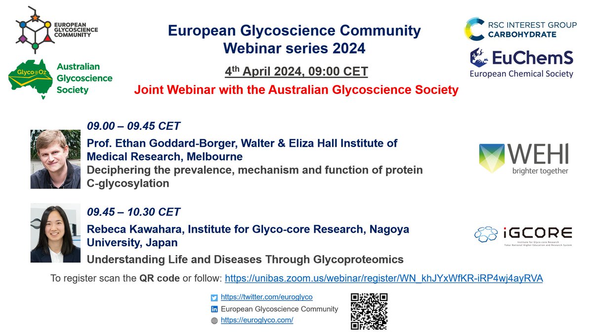 It's not too late to register for Thursday's @ozglyco and @euroglyco joint webinar 🇪🇺🇦🇺 4 Apr 2024: 09:00 CEST / 18:00 AEDT / 16:00 JST ✍️ unibas.zoom.us/webinar/regist…