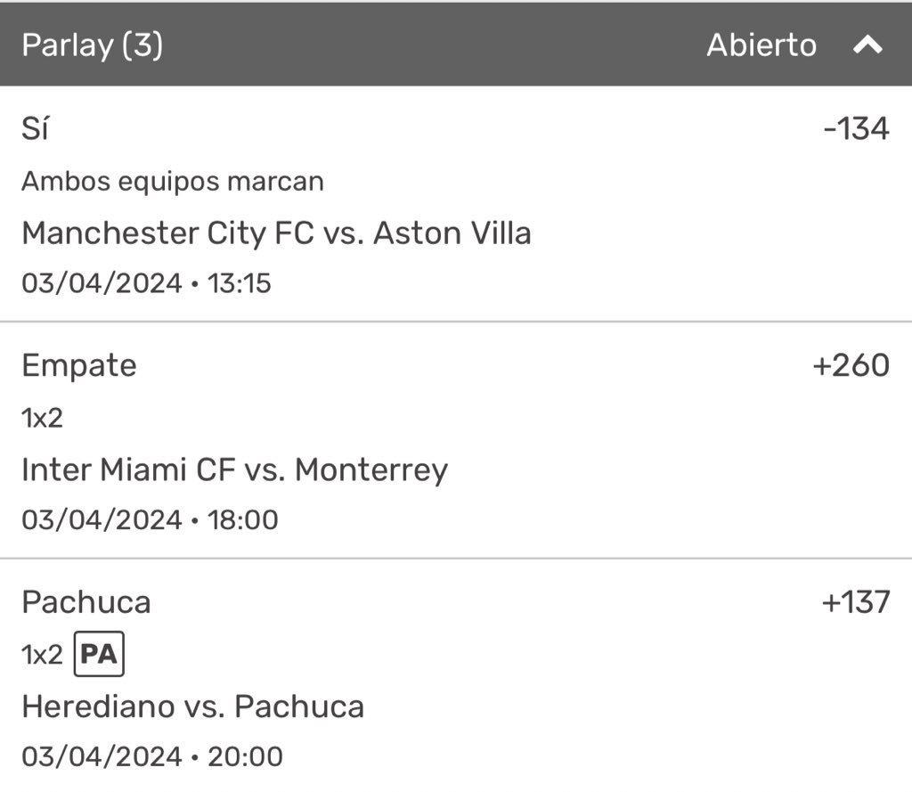 🫰🏽Con muchas expectativas 🫰🏽

1: Aston viene de muchos empates probablemente haya otro pero veo más fiable el ambos marcan.
2. El partido más complicado, Miami fav pero voy empate.
3: Pachuca viene de mala racha en liga pero en conca ha demostrado el nivel.