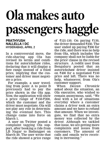 DeccanChronicle's tweet photo. Ola Auto’s new tariff structure in Hyderabad has left riders puzzled. Fare range replaces fixed prices, leading to negotiation between drivers and customers.

#OlaAuto #TariffChange #RideShare #Hyderabad https://t.co/N3yWxjsI6i