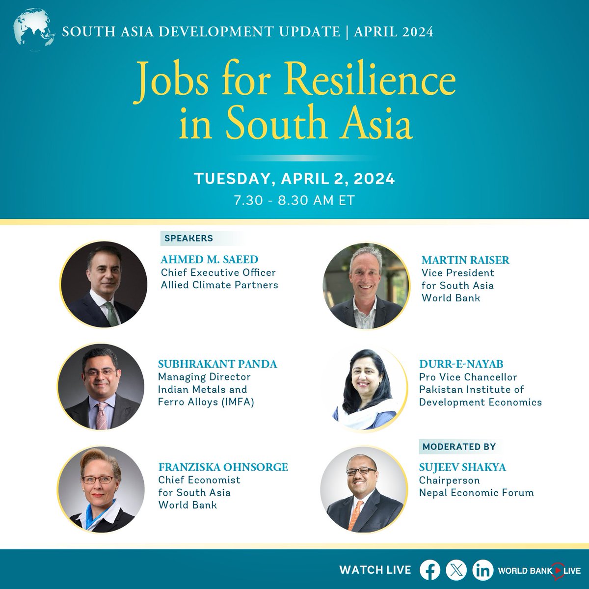 A fantastic conversation about enhancing growth and resilience in #SouthAsia featuring @MartinRaiser, @ahmed_m_saeed, Dr. Durre Nayab @durre_nayab_ from @PIDEpk, @subhrakantpanda, @sujeevshakya, and Franziska Ohnsorge. Tune in online: wrld.bg/NKYc50QX4sA