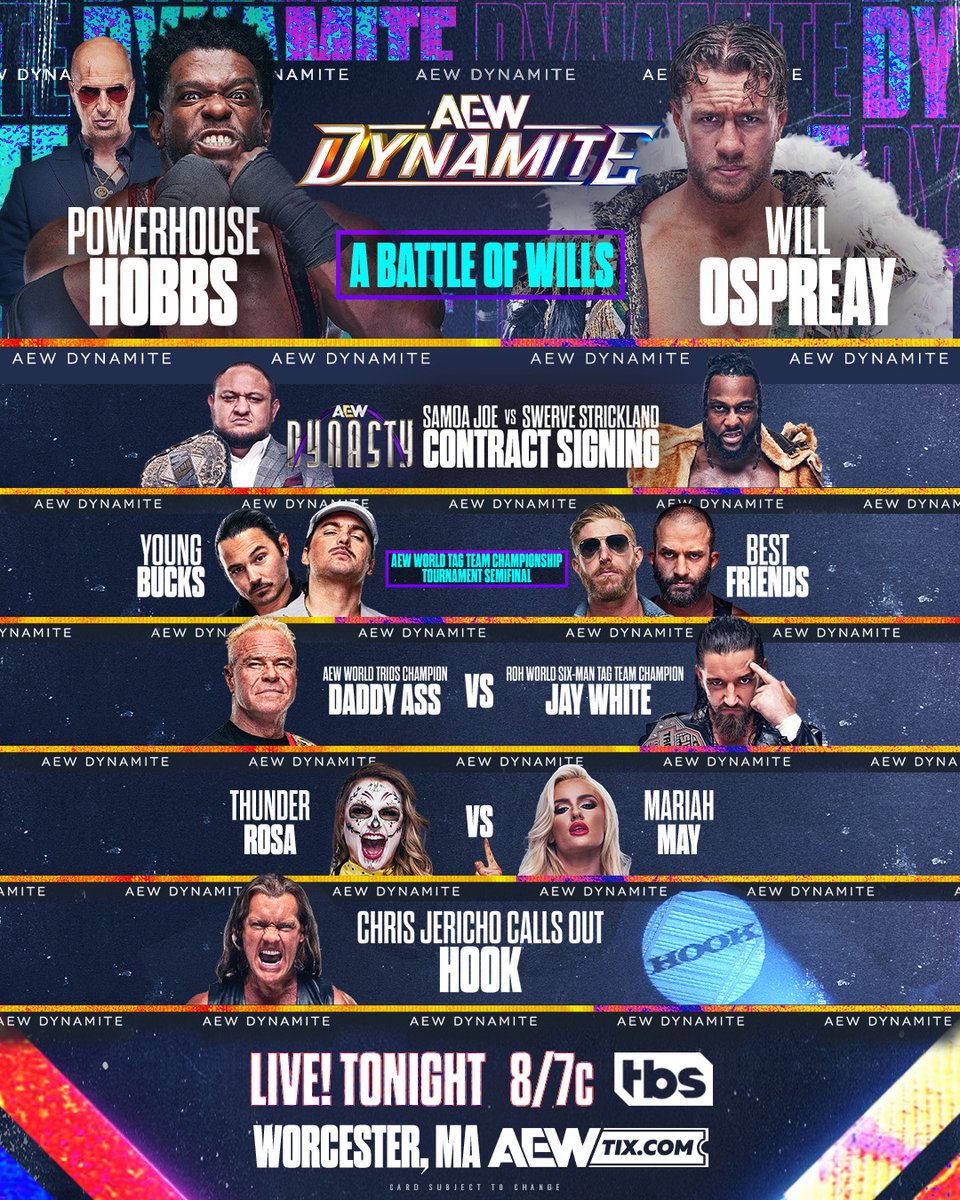 #AEWDynamite is LIVE TONIGHT for a night of EXPLOSIVE action from the @DCUCenter in Worcester, MA for at 8pm ET/7pm CT on @TBSNetwork!