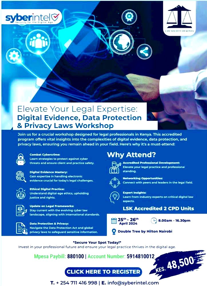 Calling all lawyers practicing in Kenya! Elevate your legal expertise at our exclusive 2-day workshop. Join us for in-depth facilitation on digital evidence, data protection, and privacy law. Limited seats available! Register now: docs.google.com/forms/d/e/1FAI…
#Workshop #LegalLifehack