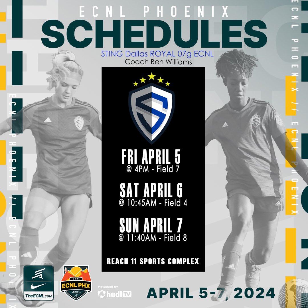 Sting Royal 07 ECNL (@stngroyal07ecnl) on Twitter photo Come check out this talented team <a href="/ECNLgirls/">ECNL Girls</a> PHX! We hope to see you there.
<a href="/Bplwilliams/">Ben Williams</a> <a href="/StingSoccerClub/">Sting Soccer Club</a> <a href="/ImYouthSoccer/">ECNL/GA/Recruiting/College Soccer</a> <a href="/ImCollegeSoccer/">College Soccer Truth ™</a> <a href="/PrepSoccer/">Prep Soccer ⚽️</a> <a href="/TopDrawerSoccer/">TopDrawerSoccer</a> <a href="/TheSoccerWire/">SoccerWire</a> Come check out this talented team <a href="/ECNLgirls/">ECNL Girls</a> PHX! We hope to see you there.
<a href="/Bplwilliams/">Ben Williams</a> <a href="/StingSoccerClub/">Sting Soccer Club</a> <a href="/ImYouthSoccer/">ECNL/GA/Recruiting/College Soccer</a> <a href="/ImCollegeSoccer/">College Soccer Truth ™</a> <a href="/PrepSoccer/">Prep Soccer ⚽️</a> <a href="/TopDrawerSoccer/">TopDrawerSoccer</a> <a href="/TheSoccerWire/">SoccerWire</a>