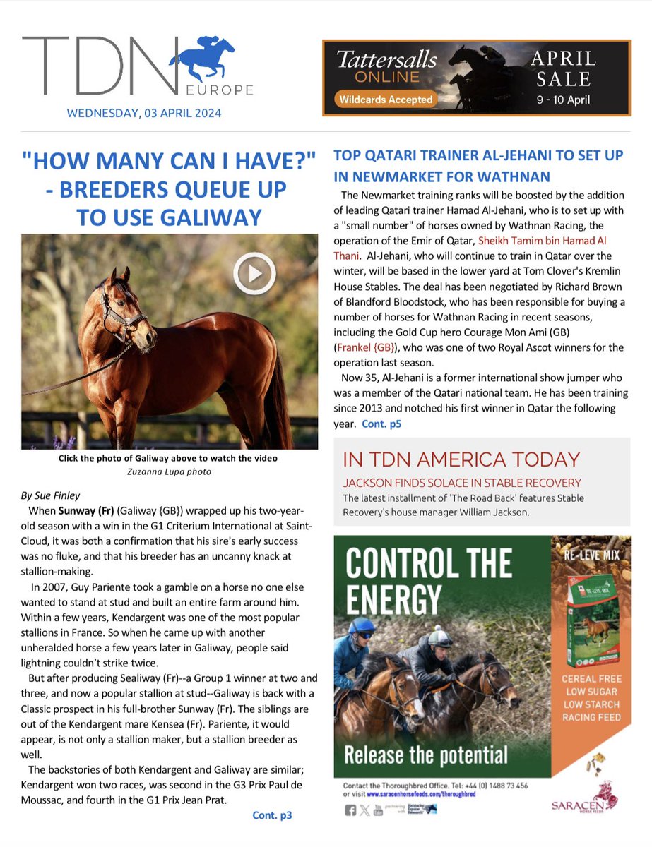 Wednesday’s TDN Europe ✍️ ▪️ Sue Finley speaks to Sally Ann Grassick of Haras de Colleville about Galiway, who came from humble beginnings and is now one of the most in-demand stallions in France. And plenty more: thoroughbreddailynews.com/pdf/tdn/tdn240…