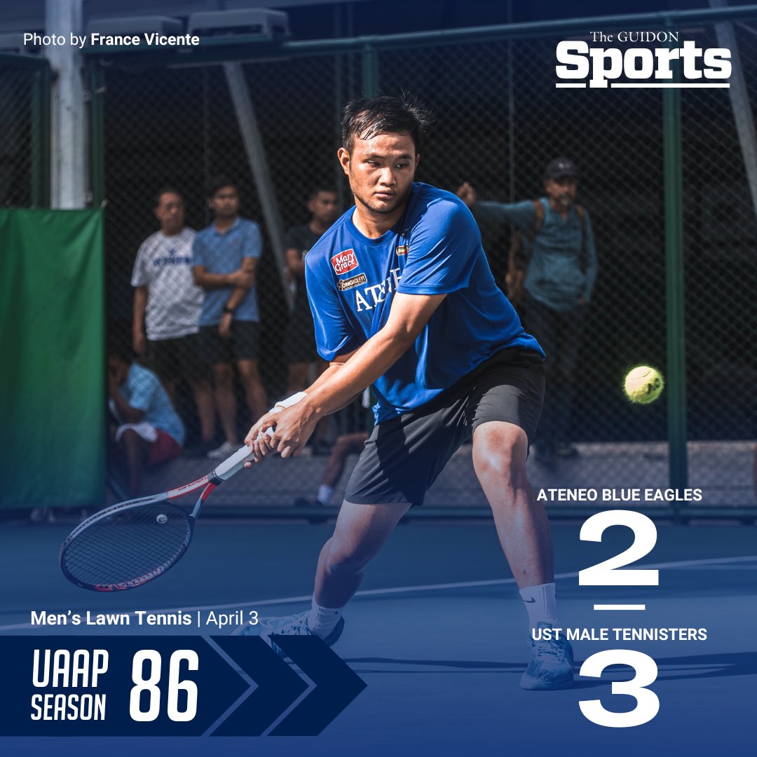 TheGUIDONSports's tweet image. BLUE EAGLES DROP FIRST MATCH
Despite a valiant comeback effort in the team-tie breaker, the Ateneo Men's Lawn Tennis Team commence their Finals campaign on the back foot with a 2-3 defeat to the defending champions UST Male Tennisters.
#AteneoTennis
#OneBigFight
#UAAPSeason86