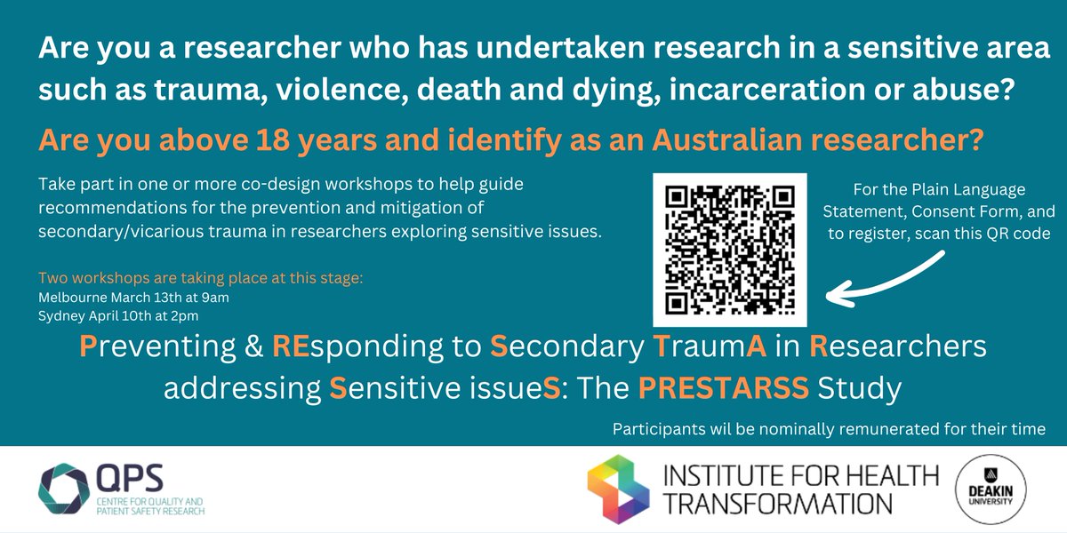 Calling #Sydney researchers working in sensitive area such as #domesticviolence, #mentalhealth, and #dying. Next Wednesday my fab colleague @trish_acullen & I are running a co-design workshop 2 identify strategies/guidelines 4 preventing & responding 2 researcher #Trauma JOIN US!