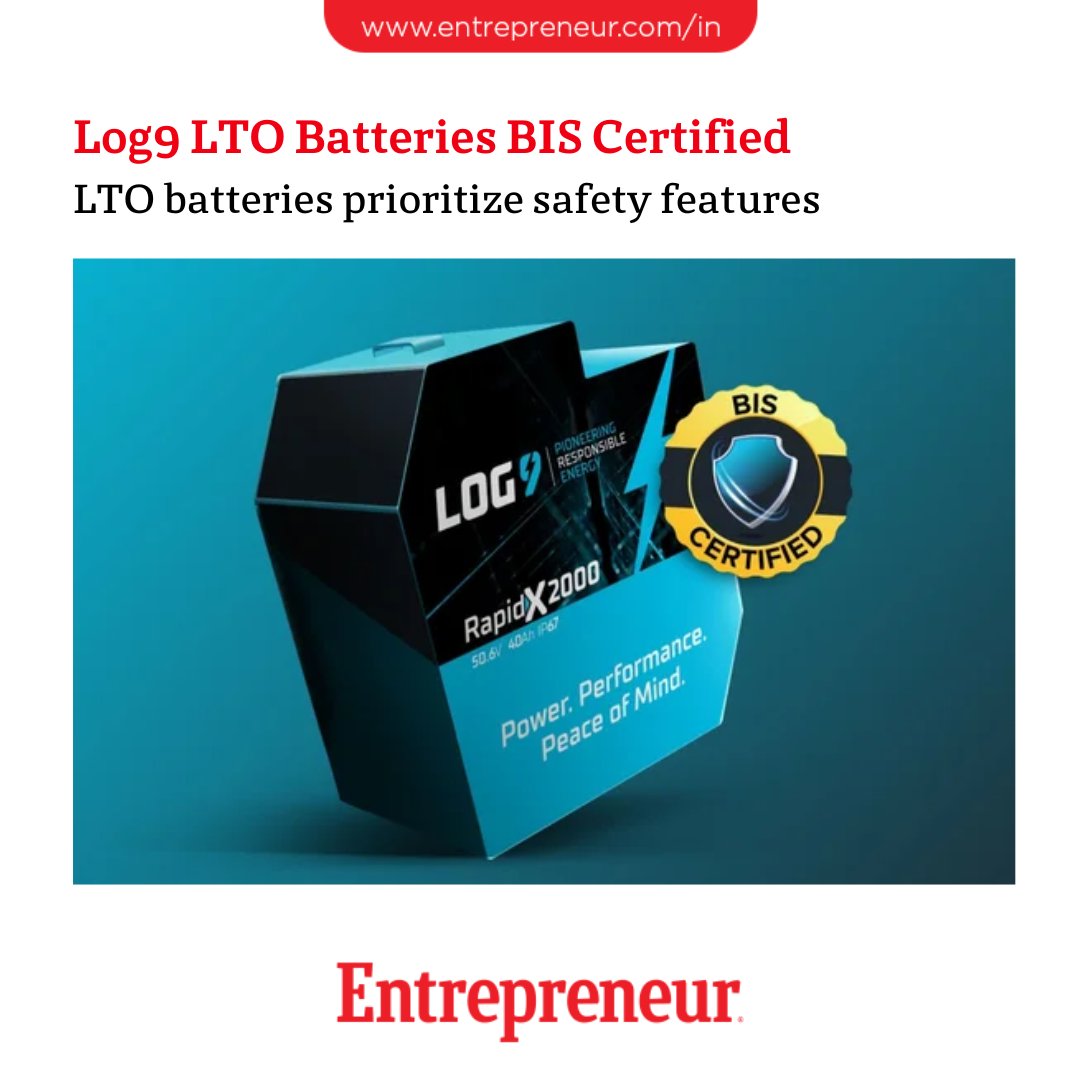 Log9 Materials' LTO batteries: BIS certified for safety.

Read: ow.ly/YfOr50R79ZU

#Log9Materials #BISCertification #LTOBatteries #BatterySafety #ChemicalStability #Entrepreneur #ThermalStability #InnovationInEnergy #EnergyStorage #CleanEnergy #TechNews