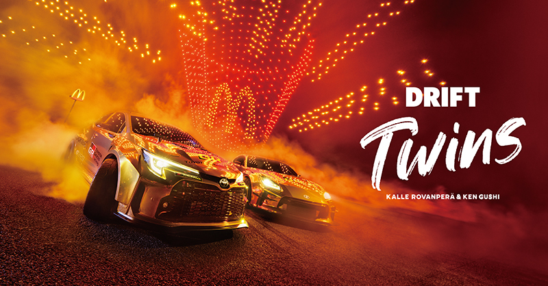 McDonaldsJapan's tweet photo. ドローンとドリフトの共演！？
圧巻の迫力、“ #DRIFTTwins ”の新Movie公開中

巨大なポテトが突如現れる…？？

with
@TOYOTA_GR

Movieは画像をタップ！