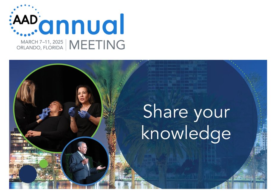 Speaker applications are now being accepted for the #AAD2025 Annual Meeting, scheduled for March 7-11, 2025 in Orlando, Florida. Learn more and submit your application by April 24. aad.org/member/meeting…