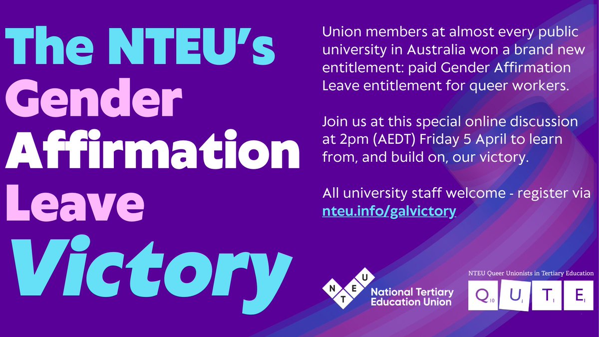 Join us for a forum looking at NTEU victories in winning paid Gender Affirmation Leave in university enterprise agreements nteu.info/galvictory