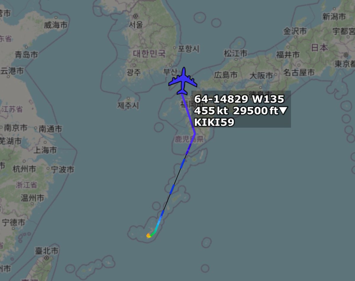 USAF WC-135R 64-14829 KIKI59 departed Kadena and proceeded operational over the Tsushima Strait, likely a Sea of Japan mission.