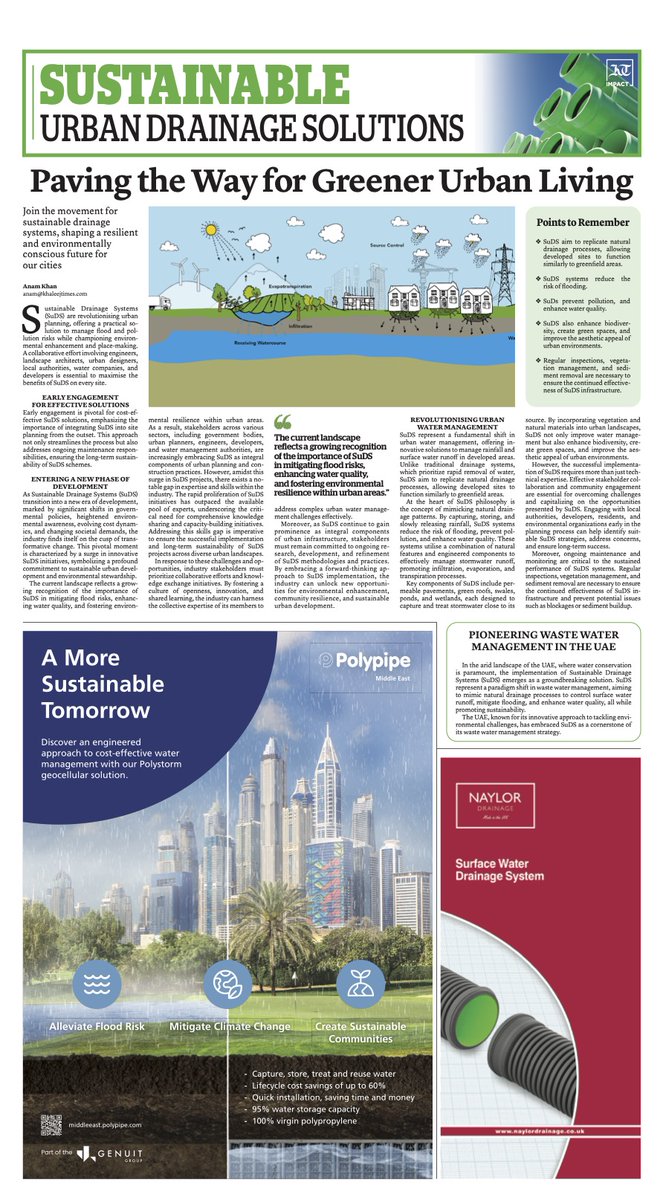 As seen in the #KhaleejTimes! 🗞️ In arid landscapes, Sustainable urban Drainage Systems (SuDs), like our Polystorm geocellular solutions are the most secure and sustainable way to alleviate the risk of flooding. Read the full article⬇️ bitly.ws/3gZtd #SuDS #PolypipeME