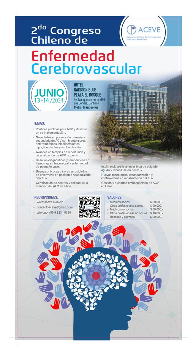 2do CONGRESO ACEVE Ya tenemos fecha y lugar para nuestro 2do Congreso Chileno de Enfermedades Cerebrovasculares ACEVE 🧠. Los esperamos el 13 y 14 de Junio 2024 en el 📍Hotel Radisson Blu Plaza el Bosque, Las Condes, Santago de Chile 🤩. ✍️Inscripciones: forms.gle/oVvK4wsFjDH6ju…