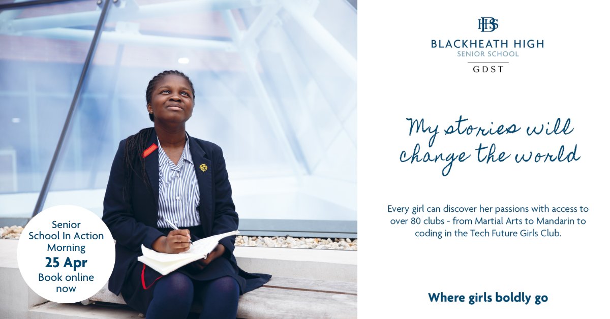 Secure your place at our next Senior School In Action Morning, Thurs 25 Apr. Experience a school day first-hand and see what makes Blackheath High School ISI-rated ‘Excellent in all areas’ - a place where girls boldly go.🏫 Book now👉🏻bit.ly/48J1Dcy #GirlsEducation