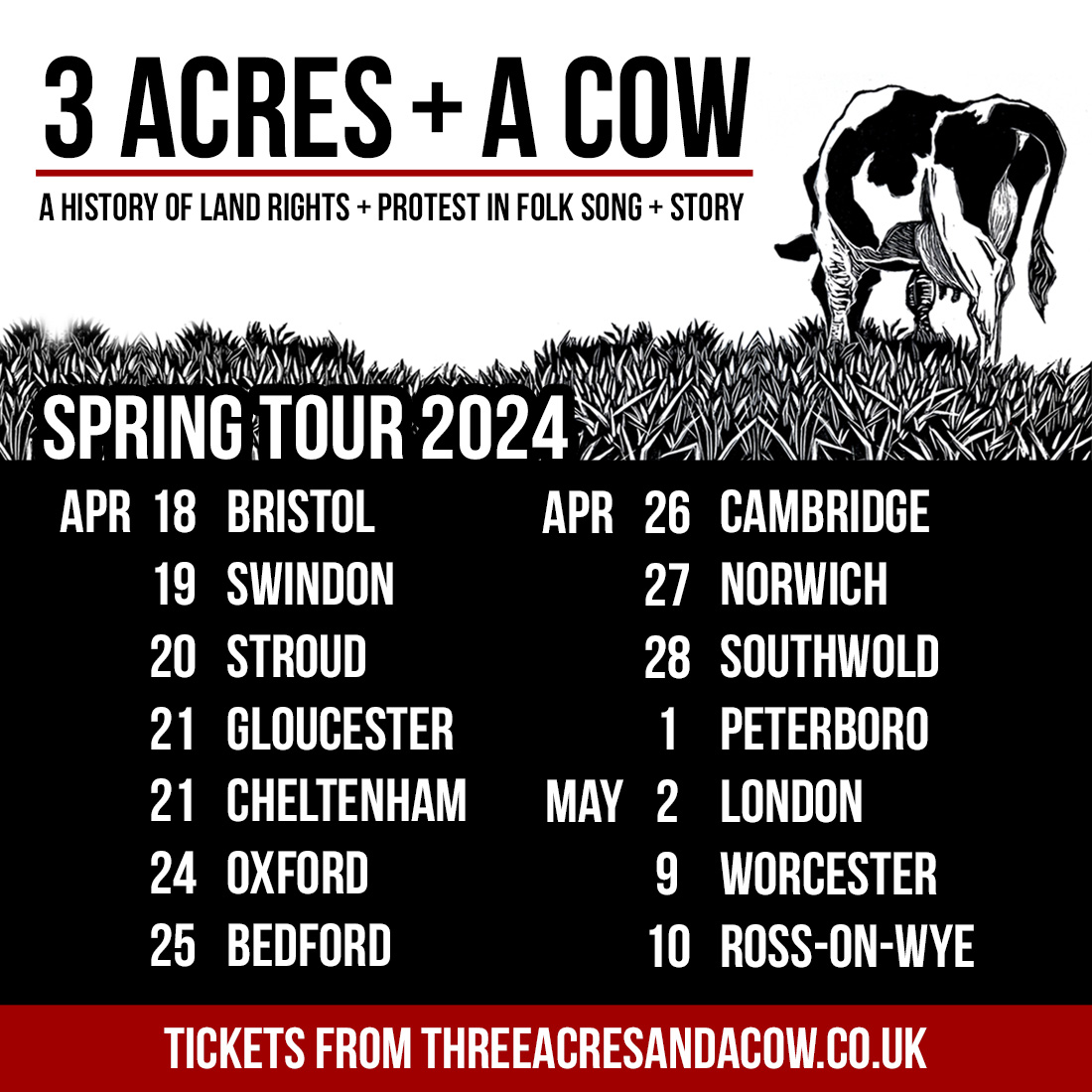 Our spring tour is 3 weeks away and has 2 new dates... Bristol, Swindon, Stroud, Churchdown, Oxford, Bedford, Cambridge, Norwich, Southwold, Peterborough, London, Worcester, Ross-On-Wye... Let's moo this! Please spread the word - threeacresandacow.co.uk/shows/