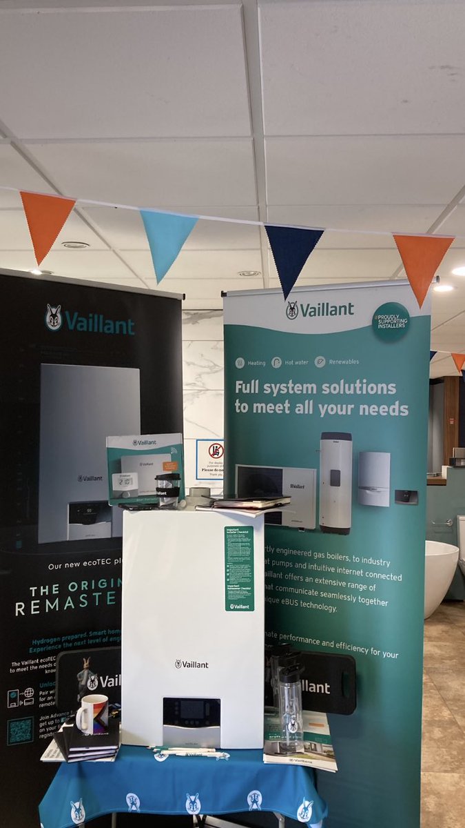 All set up at City Plumbing Widnes call in see the new Ecotec Plus in all its glory. Also intrest in the aroTHERM heat pump range. ! Call in and grab some merch !📦👀🐇👍 @vaillantuk @CityPlumbingUK