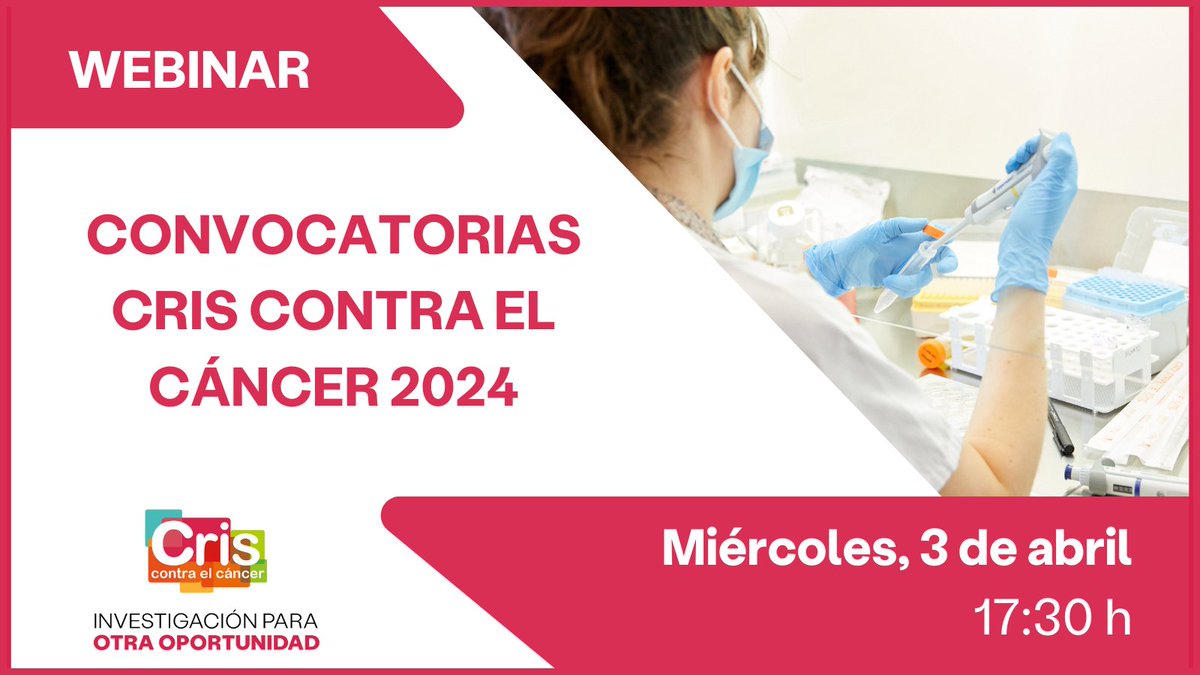 ‼️ HOY WEBINAR ‼️ Te explicamos las convocatorias que #CRIScontraelcáncer tiene abiertas en 2024, aclararemos las dudas que nos soléis trasladar y responderemos las preguntas que nos plateéis. ⏰A las 17:30 h Inscríbete👉us02web.zoom.us/webinar/regist…