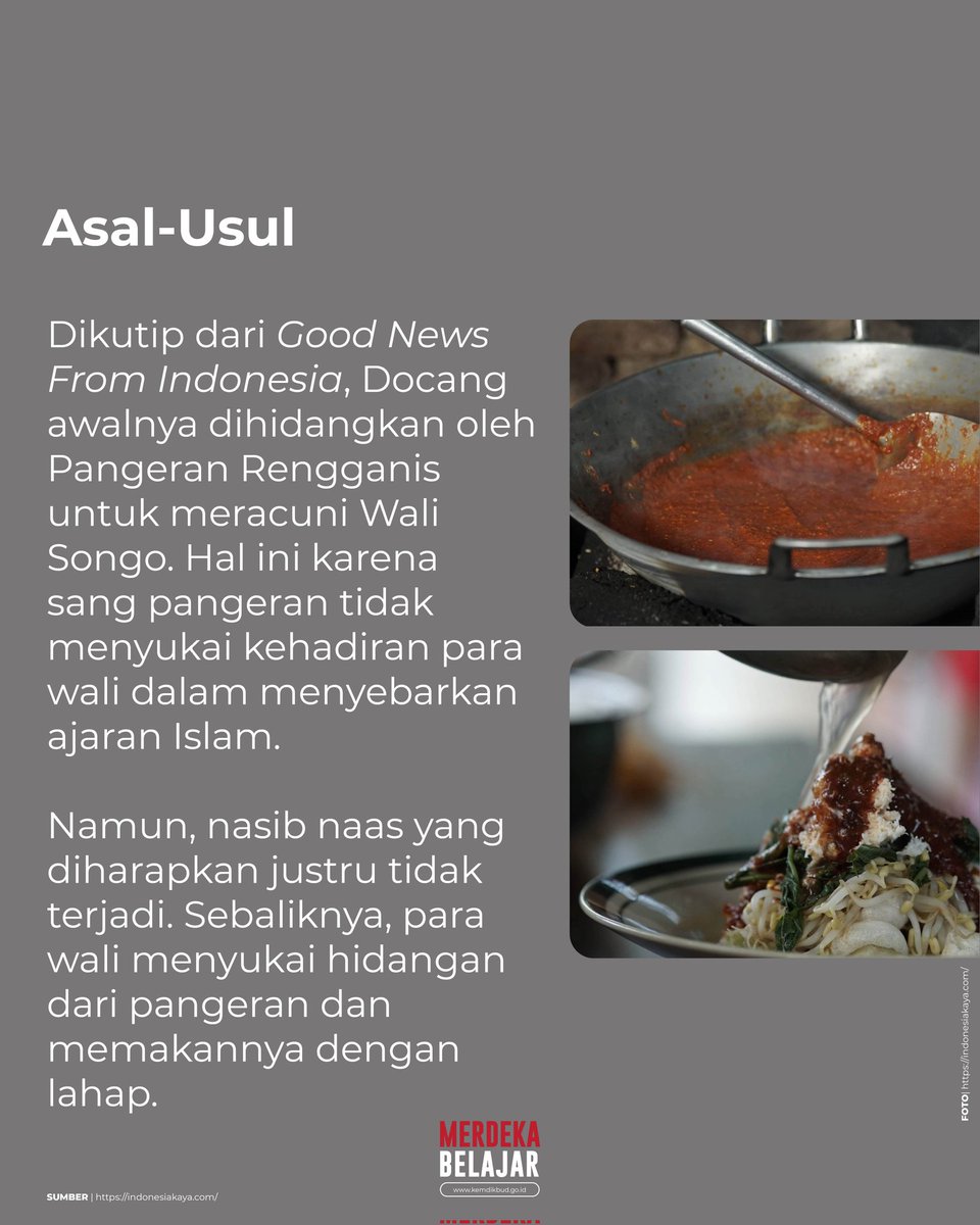 #SahabatDikbud, ada sebuah hidangan unik dari Cirebon yang sudah eksis dari zaman Wali Songo, namanya docang. Konon, docang disajikan untuk meracuni Wali Songo. Namun, alih-alih keracunan, para wali justru menyukai hidangan ini. Nilai historis tersebut yang menjadikan docang…