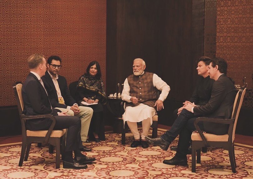 From two weeks ago. Entirely surreal, but here we are. A huge thank you to the PM @narendramodi for inviting us to share our thoughts and for being so generous with his time and his words of encouragement. An enormous privilege. Ft. @borgebrende @BjarkeIngels and @twtrdtcm