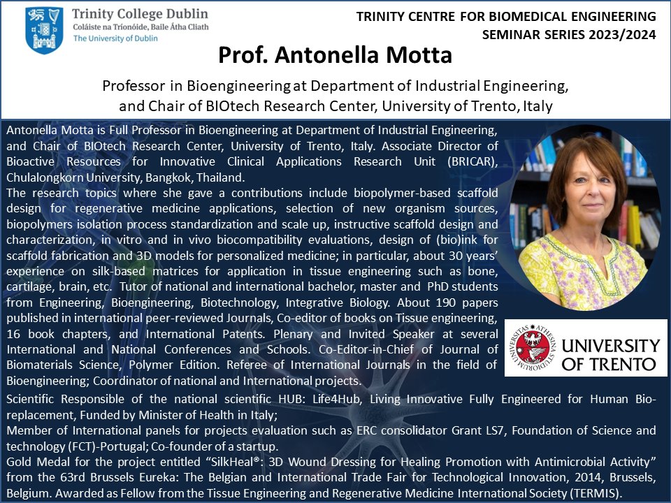 Please mark your calendars for the 12th of April at 4 PM for our TCBE seminar series event, where Prof. Antonella Motta will discuss ‘Emerging trends and prospects of sustainable functional biomaterials’. See attached for more information.