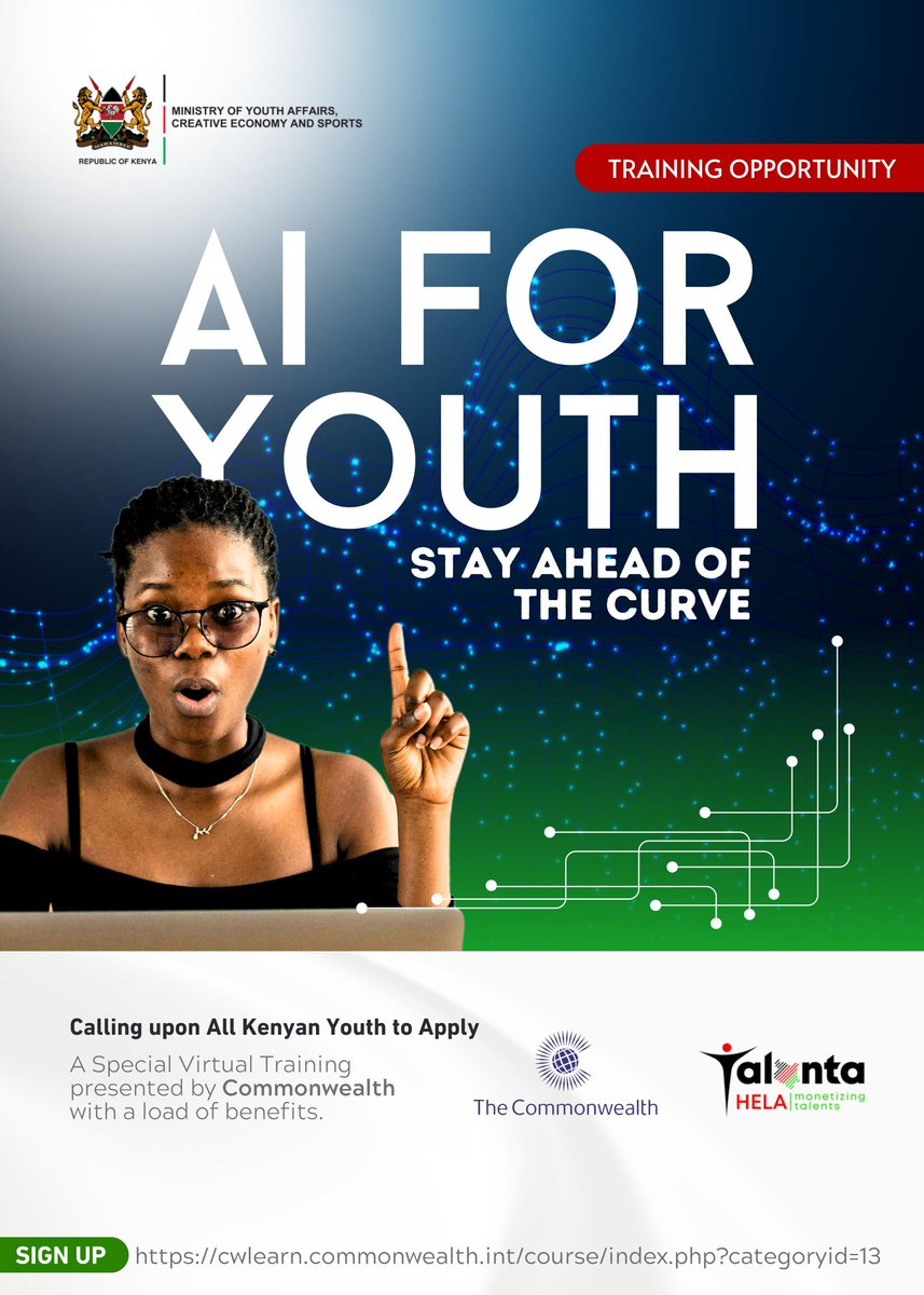 @moyasa_ke presents a @commonwealthsec program, 'AI for Youth,' offering online AI courses & a virtual AI Academy to equip youth with AI skills. Join now to contribute as youth ambassadors & showcase innovations at the Intel®️ AI Global Impact Festival. cwlearn.commonwealth.int/course/index.p…
