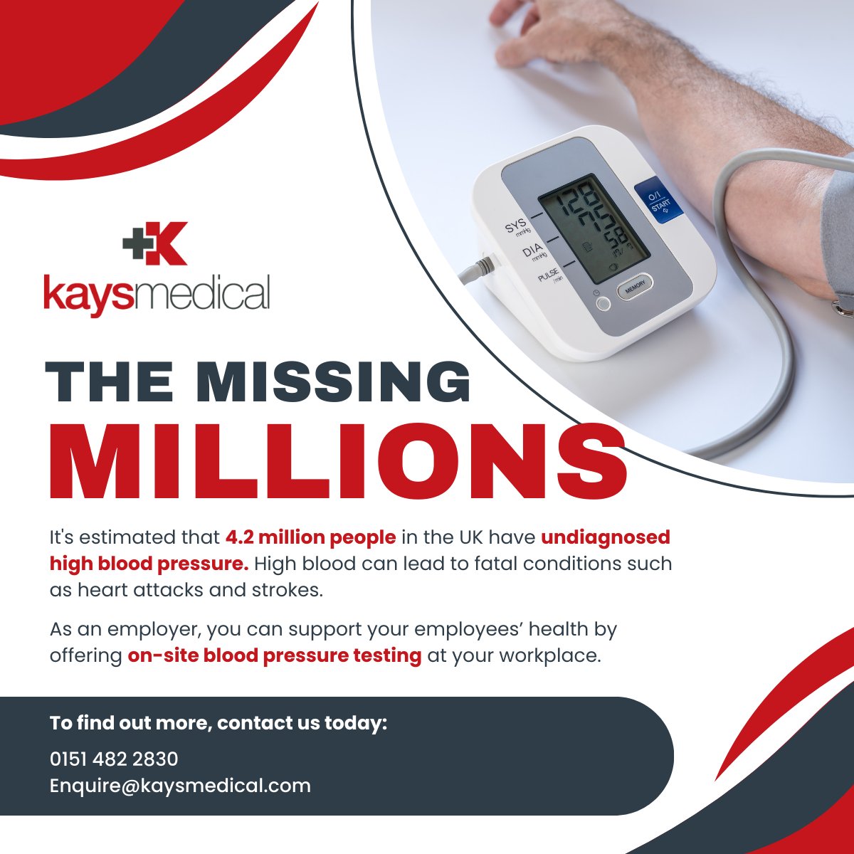 KaysMedical's tweet photo. Due to the prevalence of undiagnosed high blood pressure, @NHSuk has launched a campaign to encourage regular blood pressure tests.

You can support your employees' health by offering blood pressure testing in the workplace.

Contact us:
0151 482 2830
Enquire@kaysmedical.com https://t.co/n1BIEaq1KV
