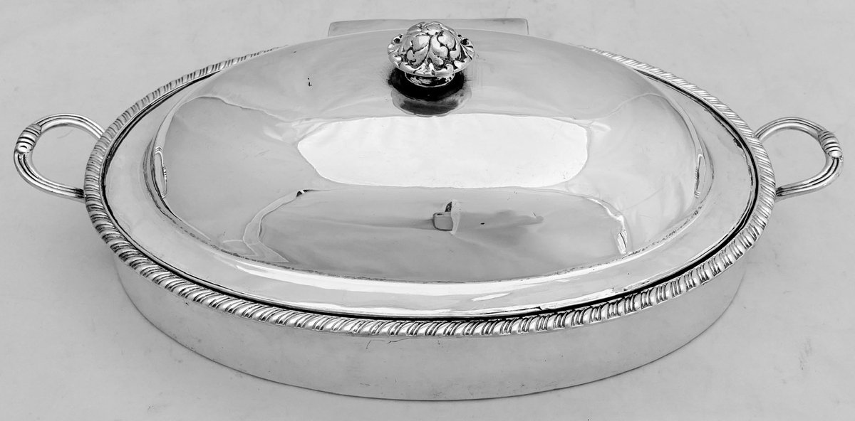 A George III Old Sheffield Plate twin handled heated dish with reservoir for hot water. #antiques #OldSheffieldPlate