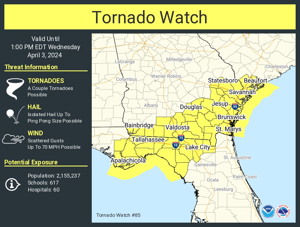 A tornado watch has been issued for parts of Florida, Georgia and South Carolina until 1 PM EDT