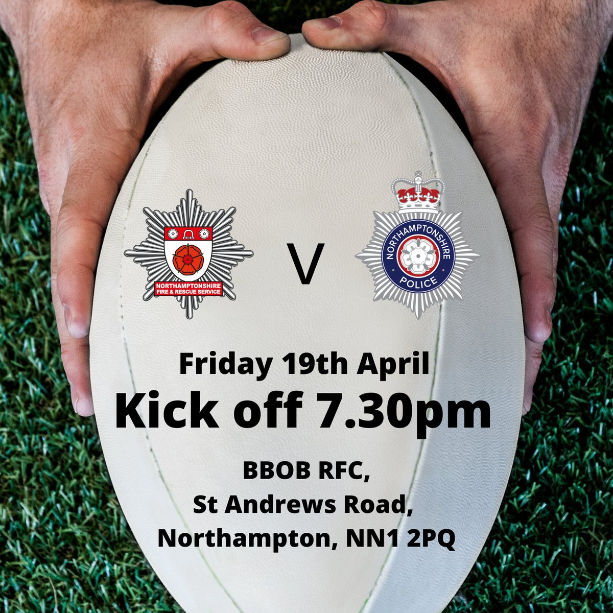 Everyone is welcome to come and support the teams in the next epic Northants Fire v @NorthantsPolice rugby match. 

📅 Friday 19th April 2024
🏉 Kick-off 7.30pm
📍 BBOB RFC, St Andrews Road, Northampton, NN1 2PQ

Refreshments also available to purchase.

#TeamNorthantsFire