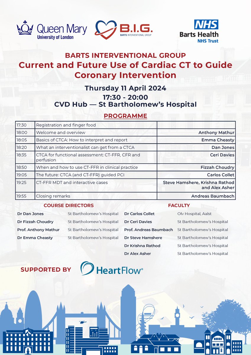 Register for the @BartsIntervGrp's evening symposium — Current and Future Use of Cardiac CT to Guide Coronary Intervention: millbrook-events.co.uk/BartsBIGCardia… 🗓️Thursday 11 April 🕕17:30-20:00 📍CVD Hub — St Bartholomew’s Hospital 📝Programme available: millbrook-events.co.uk/event/BartsBIG…