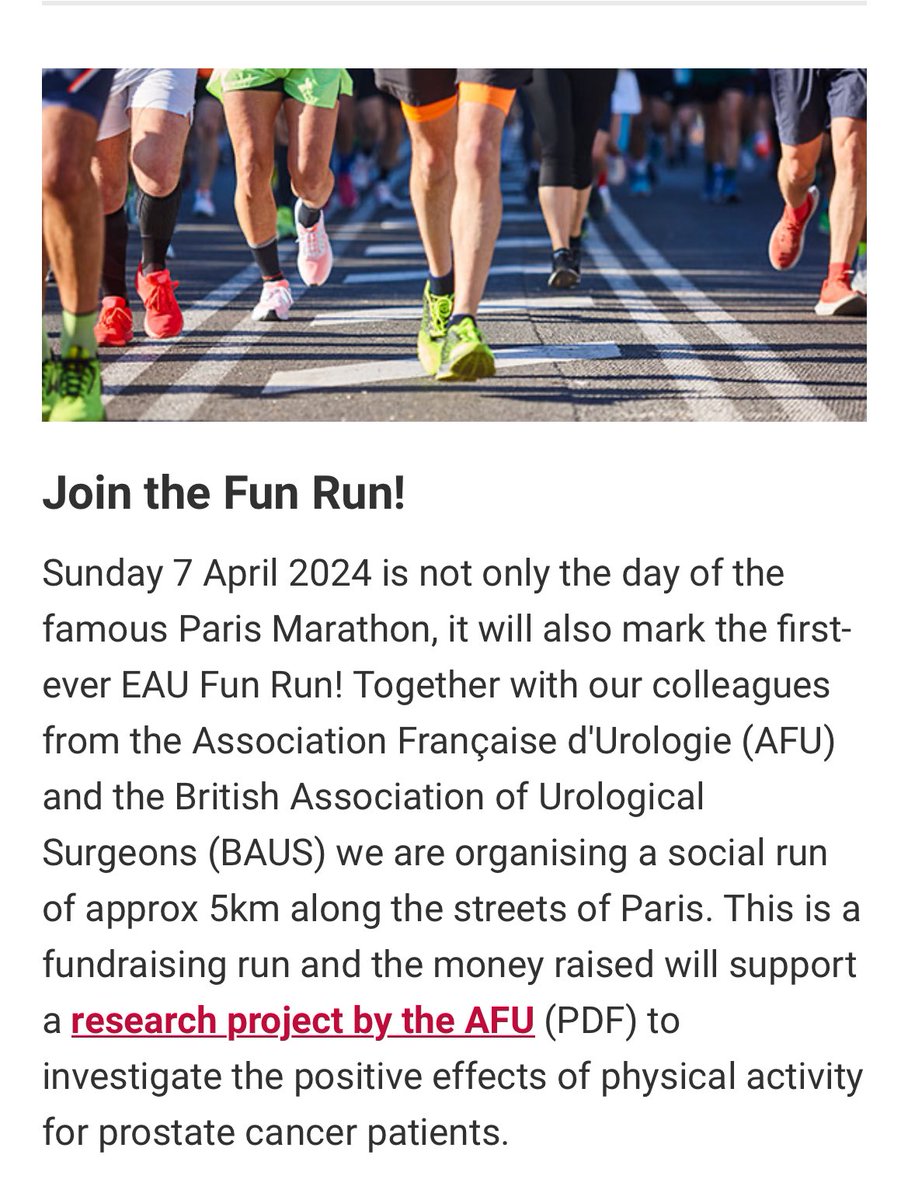 Excited for #EAU24 FIRST ever fun run! 7am Sunday 7th April! See 🔗 eaucongress.uroweb.org/eau24-fun-run/ for all the info and how to register. We are running in support of SPORTATE project by @AFUrologie Please do join us! @BAUSurology @CanUrolAssoc @USANZUrology @EAUYAUrology @BSoT_UK 🏃🏽‍♀️🏃🏿‍♂️