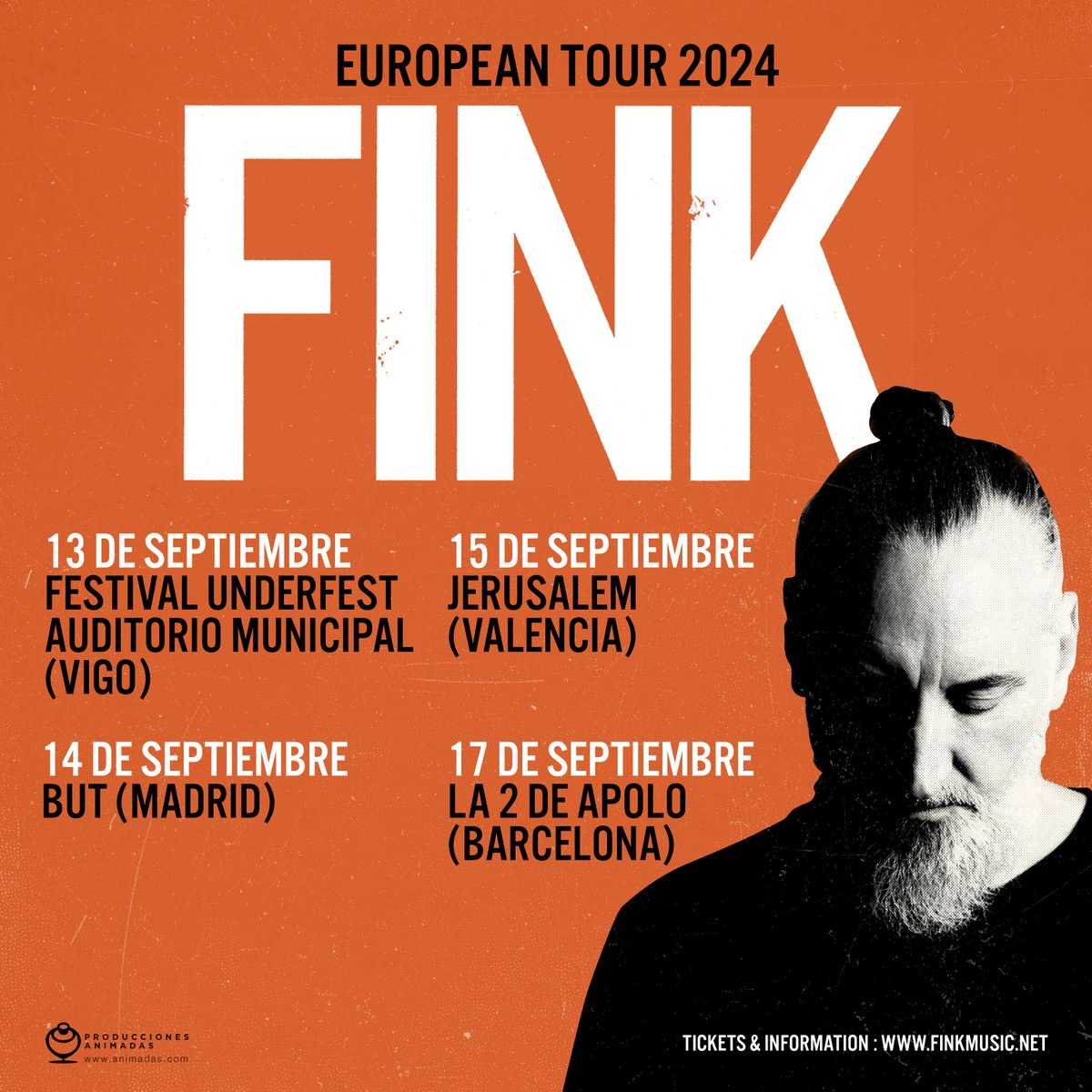 En septiembre tendremos a <a href="/Finkmusic/">Fink</a> en concierto! El 13 en Vigo en  Underfest en el Auditorio Municipal, el 14 en la But de Madrid, el 15 en la Jerusalem de Valencia y el 17 en La 2 de Apolo de Barcelona. 
Entradas a partir del viernes 5 abril a las 10h: finkmusic.net