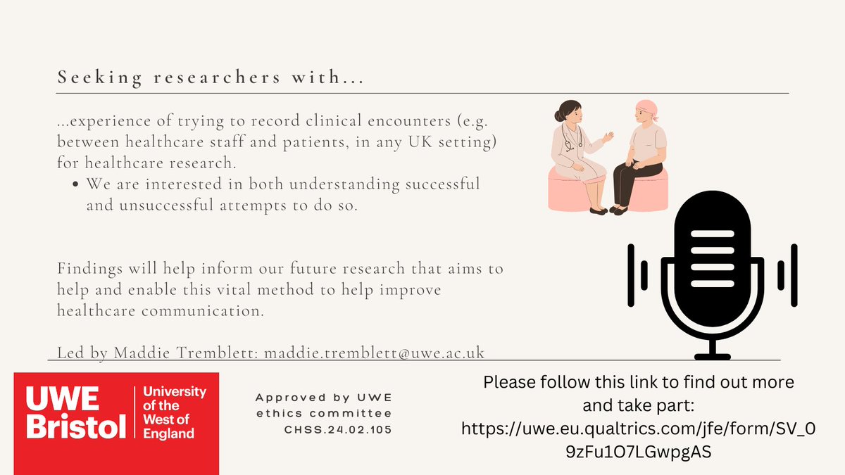 We are trying to understand researchers’ experience of trying to record clinical encounters (in any UK setting) for healthcare research – we are interested in understanding both successful and unsuccessful attempts to do so. Please follow uwe.eu.qualtrics.com/jfe/form/SV_09… to take part.