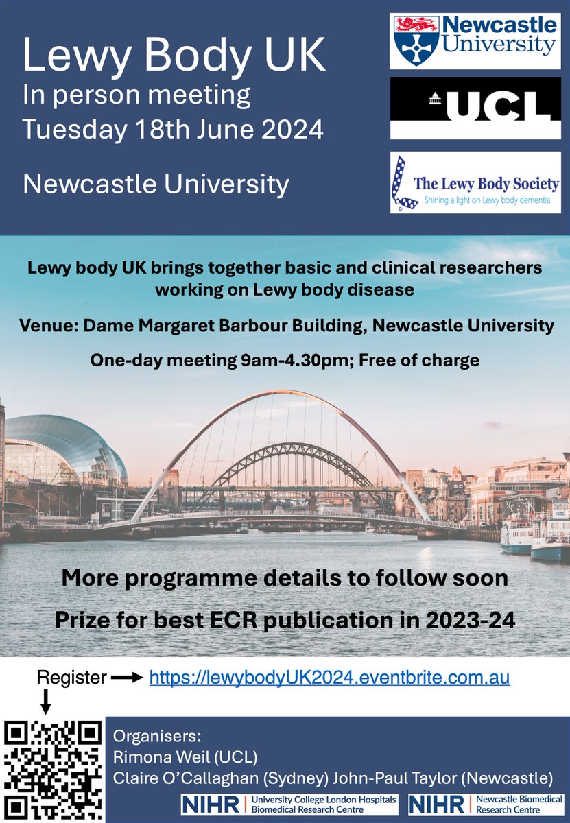 Book your place at this year's #LewyBodyUK meeting on Tuesday 18th June 2024 in #Newcastle. Fantastic line-up includes @ProfJTOBrien @DrEmHenderson @HeatherMortiboy @DrElieMatar Register here: lewybodyUK2024.eventbrite.com.au