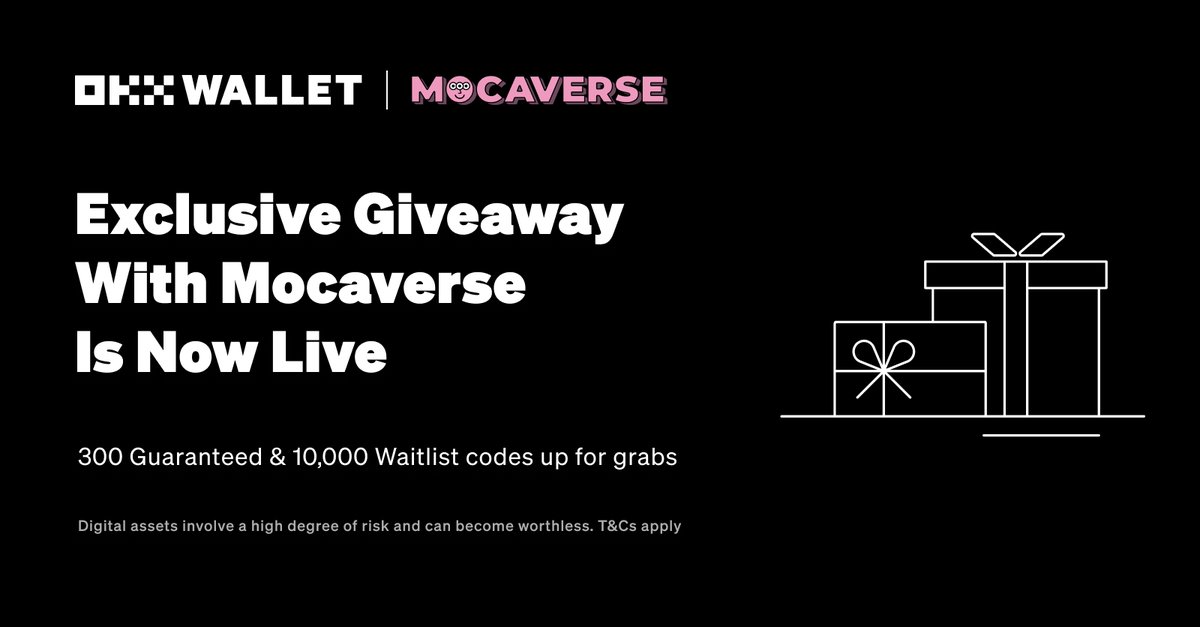 @ZetaMarkets @LumiterraGame @arkreen_network @BAC_Web3 @injective New giveaway campaign with @MocaverseNFT is live! 🎉 🎁 300 Guaranteed and 10,000 Waitlist codes only for #OKXWeb3 users 🤝 ⌛️ Ends in 48 hours, act fast! 🔽 Join now: galxe.com/OKXWEB3/campai… 🔽 Public Sale Details: x.com/mocaversenft/s…