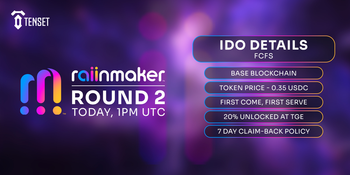 Round 1 of @Raiinmakerapp IDO finished! Round 2 begins at 1PM UTC today! First come, first served ONLY for Tenset users ⚡️ Max buy for Tier 5 - 180 USDC, on @base. 7 day (post-listing) claim-back policy enabled ✅ Be careful of scams! $COIIN is NOT available for trading yet