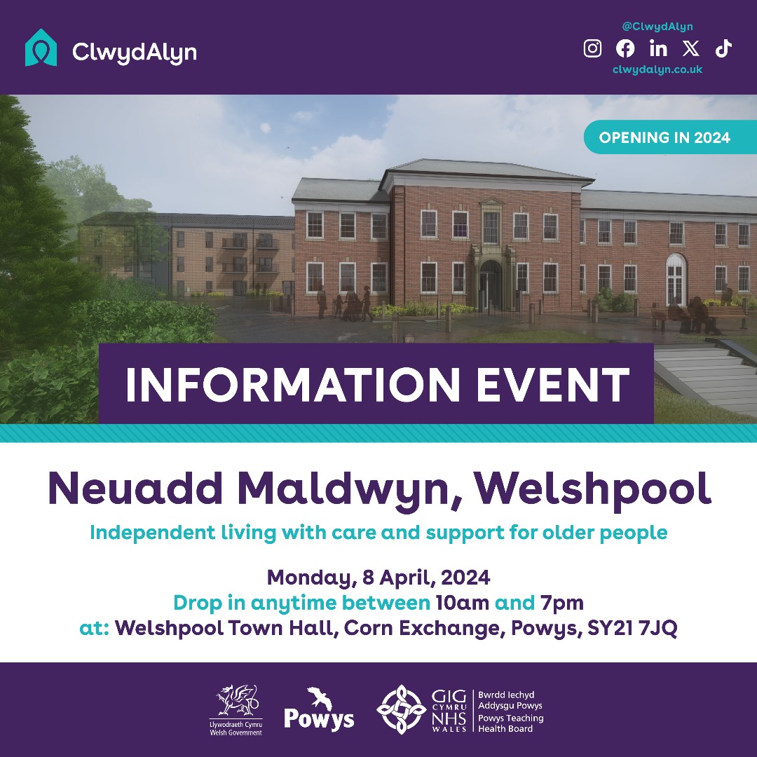 ClwydAlyn's tweet photo. As the first event back in February was so successful and busy, we’re holding more events around the area, with the next one being on the 8th of April. Come along to find out more about Neuadd Maldwyn and independent living with care and support. We look forward to seeing you. https://t.co/i8114U3vUv