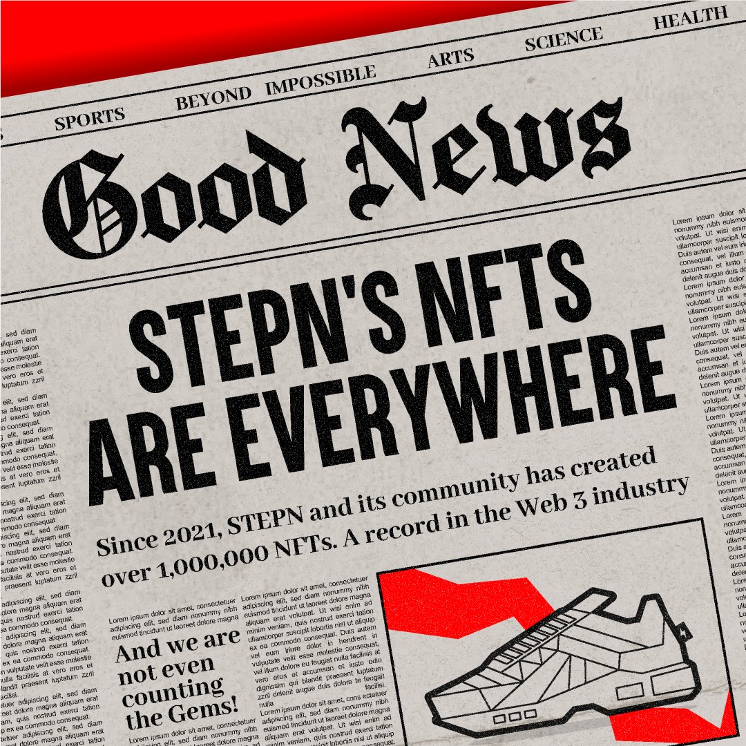 Over 1,000,000.

This is the number of STEPN NFT Sneakers minted by the STEPNers since our inception in 2021.

This achievement places STEPN as the biggest NFT collection ever in web3.

STEPN, Beyond Impossible. (1/5)
