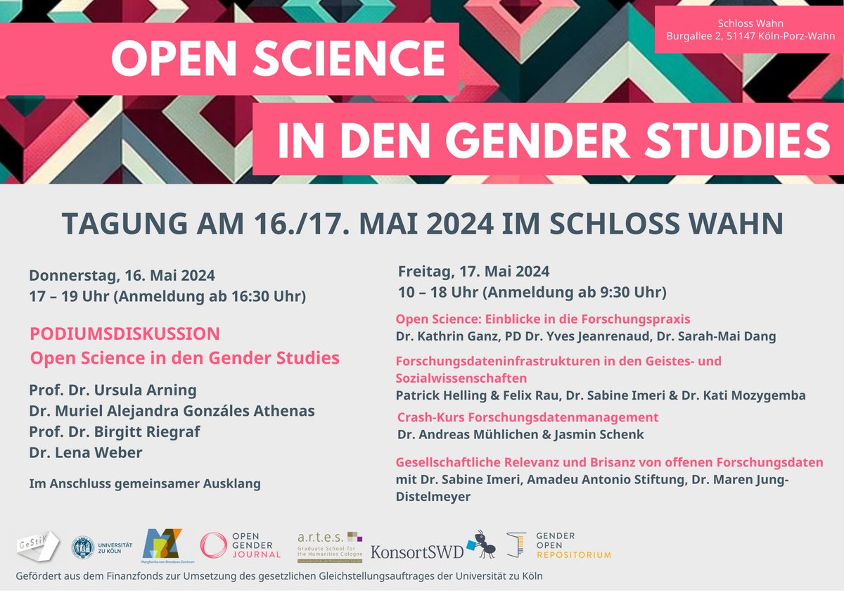 📣 Wir freuen uns euch heute das Programm der Tagung 'Open Science in den Gender Studies' in Köln vorstellen zu können! Ihr könnt euch unter diesem Link bis zum 3. Mai anmelden: survey.uni-koeln.de/index.php/6148… Für mehr Informationen zur Veranstaltung: gestik.uni-koeln.de/aktuelles-1/ta…