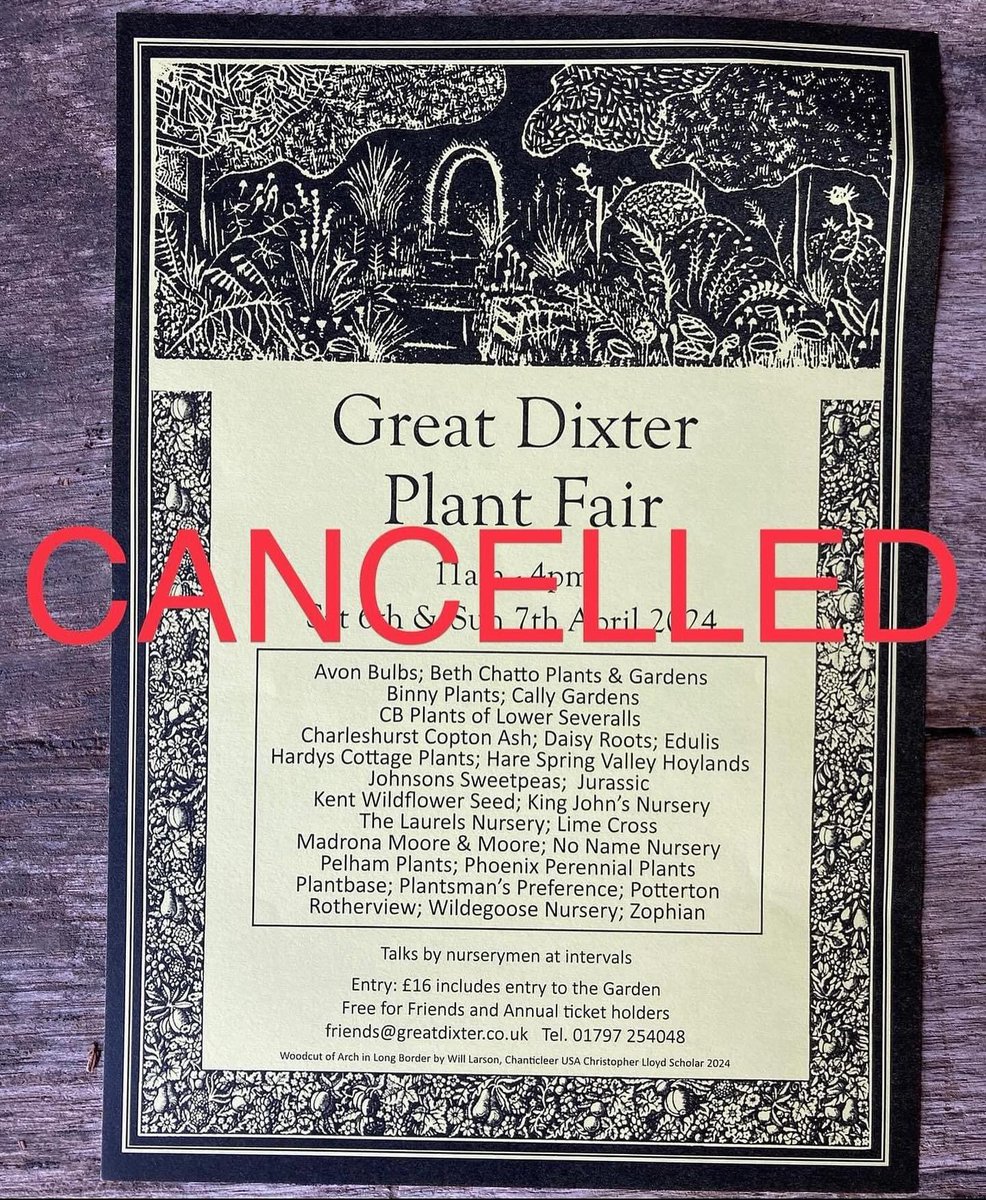 Message from @GreatDixter… IMPORTANT ANNOUNCEMENT-It is with huge regret that we have cancelled this weekends Spring Plant Fair. The fields that we use for parking are completely waterlogged, apologies for late notice but we had hoped the weather would be kinder to us this week.