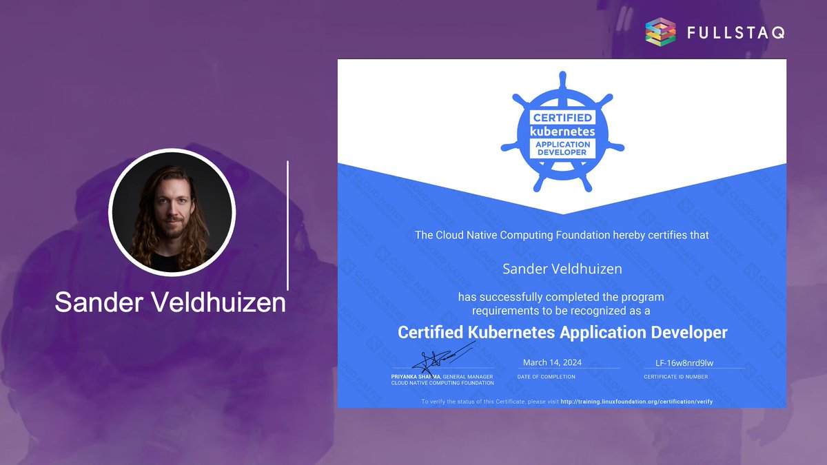 Within the same week Sander achieved his CKA, he obtrained his CKAD as well. Fantastic work Sander! #cloudengineer #cloudnativeengineer #ckad #certifiedengineer