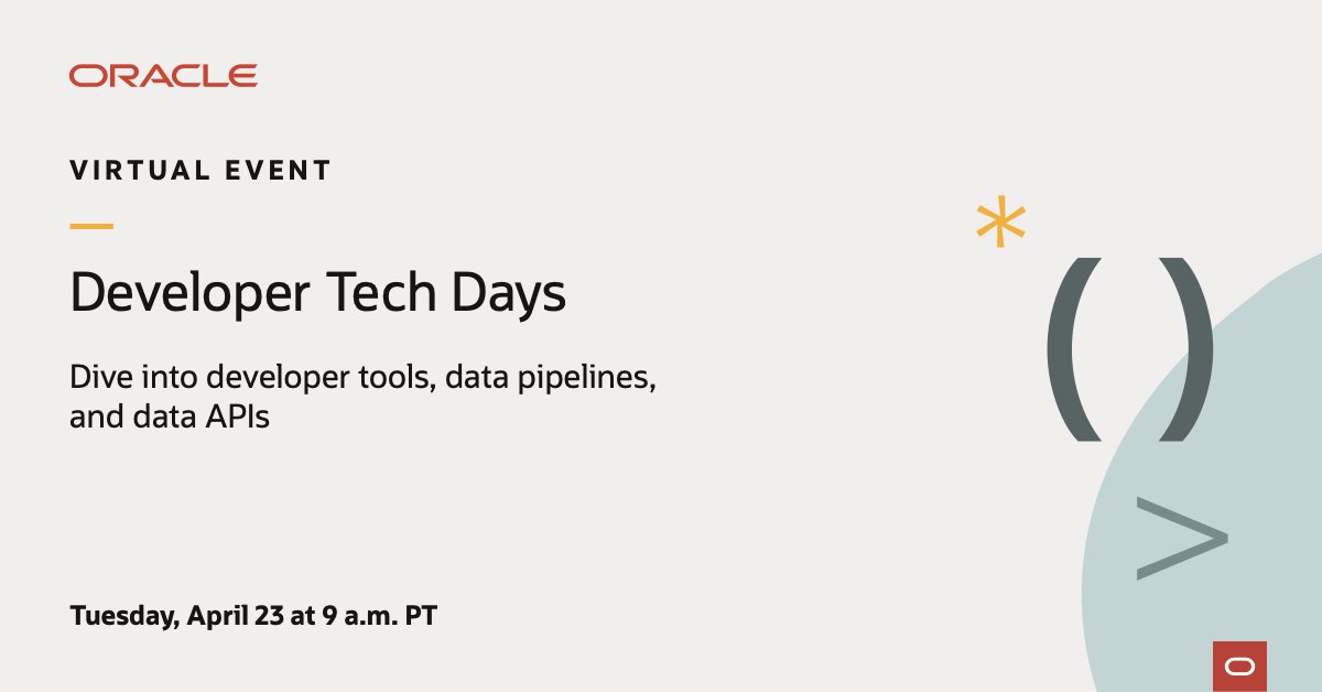 Join this webinar, part of @Oracle Developer Tech Days, and dive into developer tools, data pipelines and data APIs. social.ora.cl/6010Z4e34