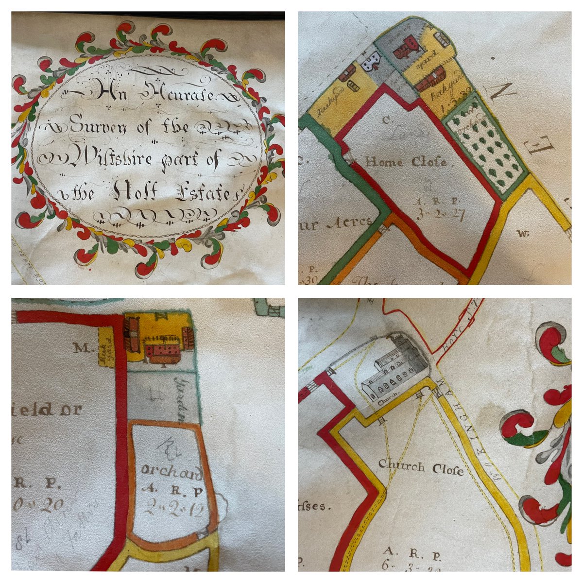 This colourful map was recently viewed #InTheSearchroom. It is a survey of the Holt estate, Wokingham, by John Smith (no date, late 18th century). We love the attention to detail including all the different buildings. #ColourfulArchives #Archive30