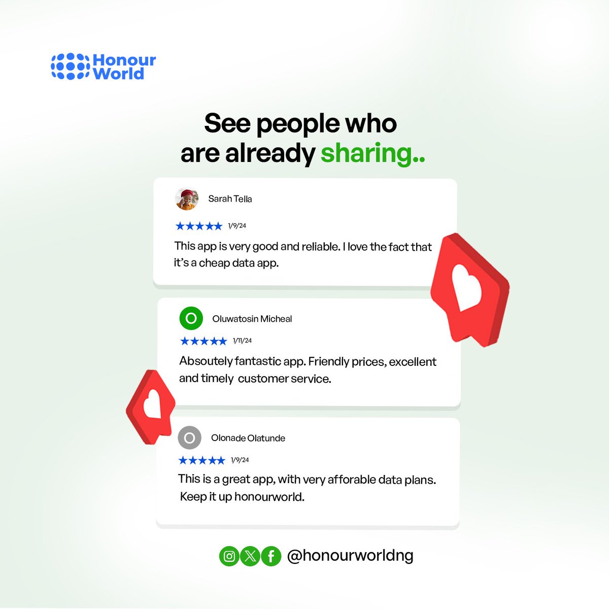 honourworldng's tweet image. We don't just tell you to download our app; we give you reasons to!

Download our app today and join thousands of satisfied users who are already enjoying it.

#DownloadNowForFree #HonourWorldApp #UserSatisfaction #AppExperience