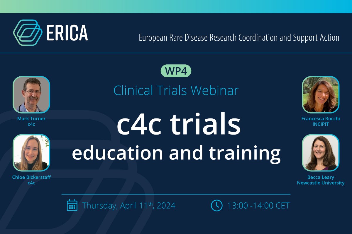 🗓️ Save the date on April 11th #c4c invites you to participate our #clinicaltrials webinar! The topic is: support for clinical trials through education & training. Register now👉erica-rd.eu/event/erica-wp… #PediatricResearch #Conect4Children @efpia @IHIEurope @HorizonEU @CORDIS_EU